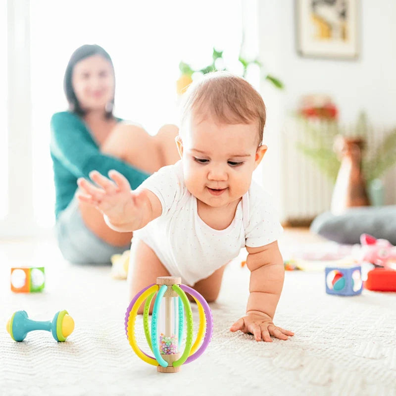 Baby Rattle Silicone Teether Wooden Newborn Sensory Toys - Tophatter Daily Deals