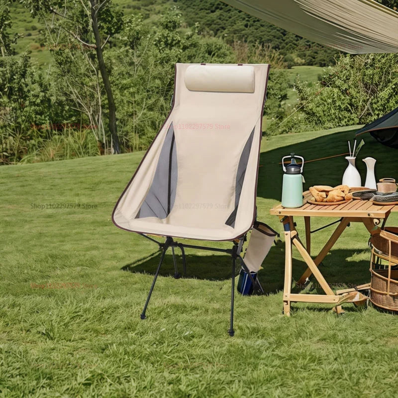 Camping Chair with Headrest Beige Camp Furniture - Tophatter Daily Deals