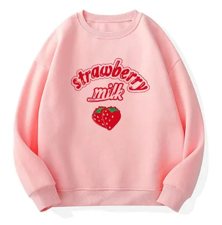 Harajuku Strawberry Milk Pink Sweatshirt Top Long-Sleeved Strawberry Milk Food - Tophatter Daily Deals