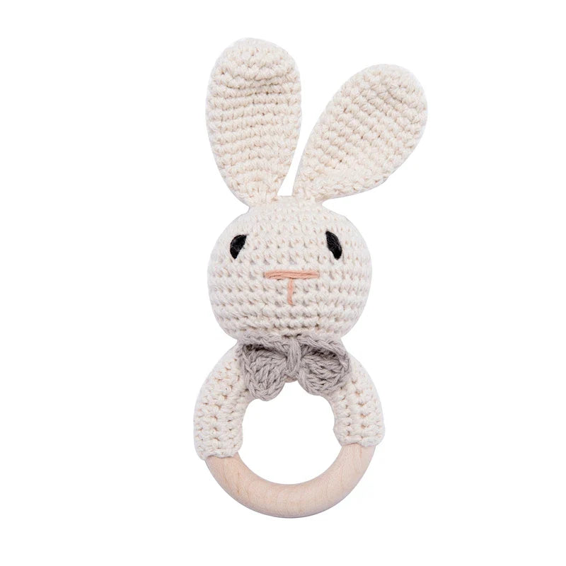 Wooden Crochet Animal Teether Rattle Newborn Sensory Toys white rabbit - Tophatter Daily Deals