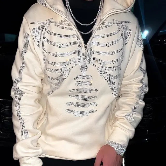 Oversized Men’s Zip Hoodie - Rhinestone Skeleton, Cotton - Tophatter Daily Deals