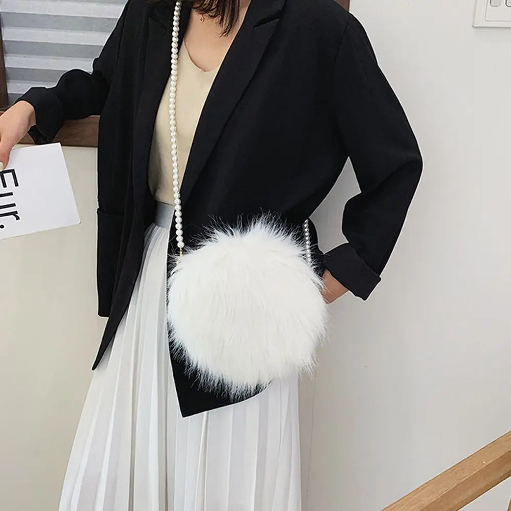 Faux Fur Fluffy White Bag Crossbody Handbag Pearl Strap Mythical - Tophatter Daily Deals