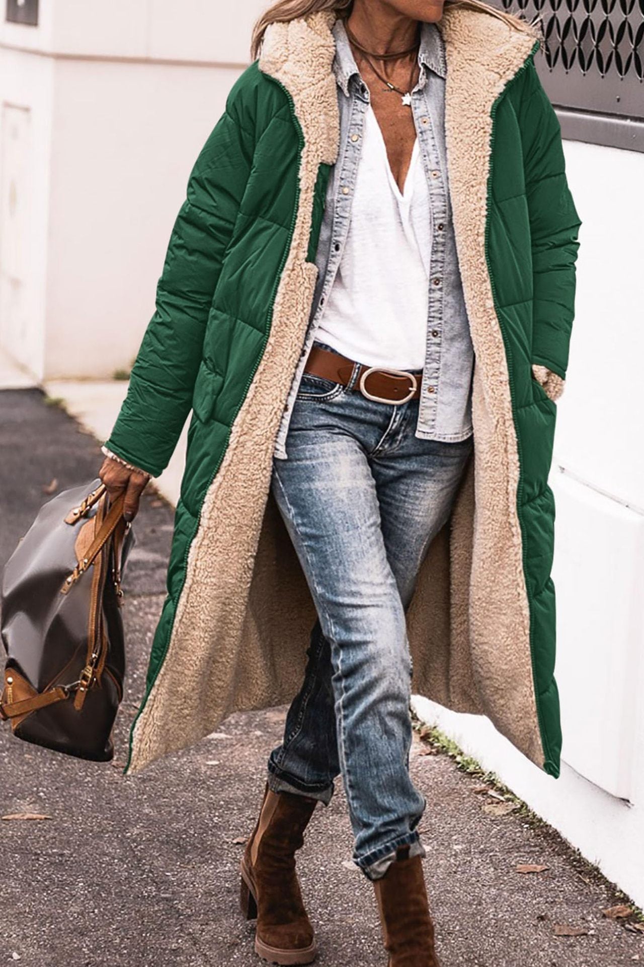 Warm Women’s Reversible Long Coat - Quilted Sherpa Hooded Green - Tophatter Daily Deals