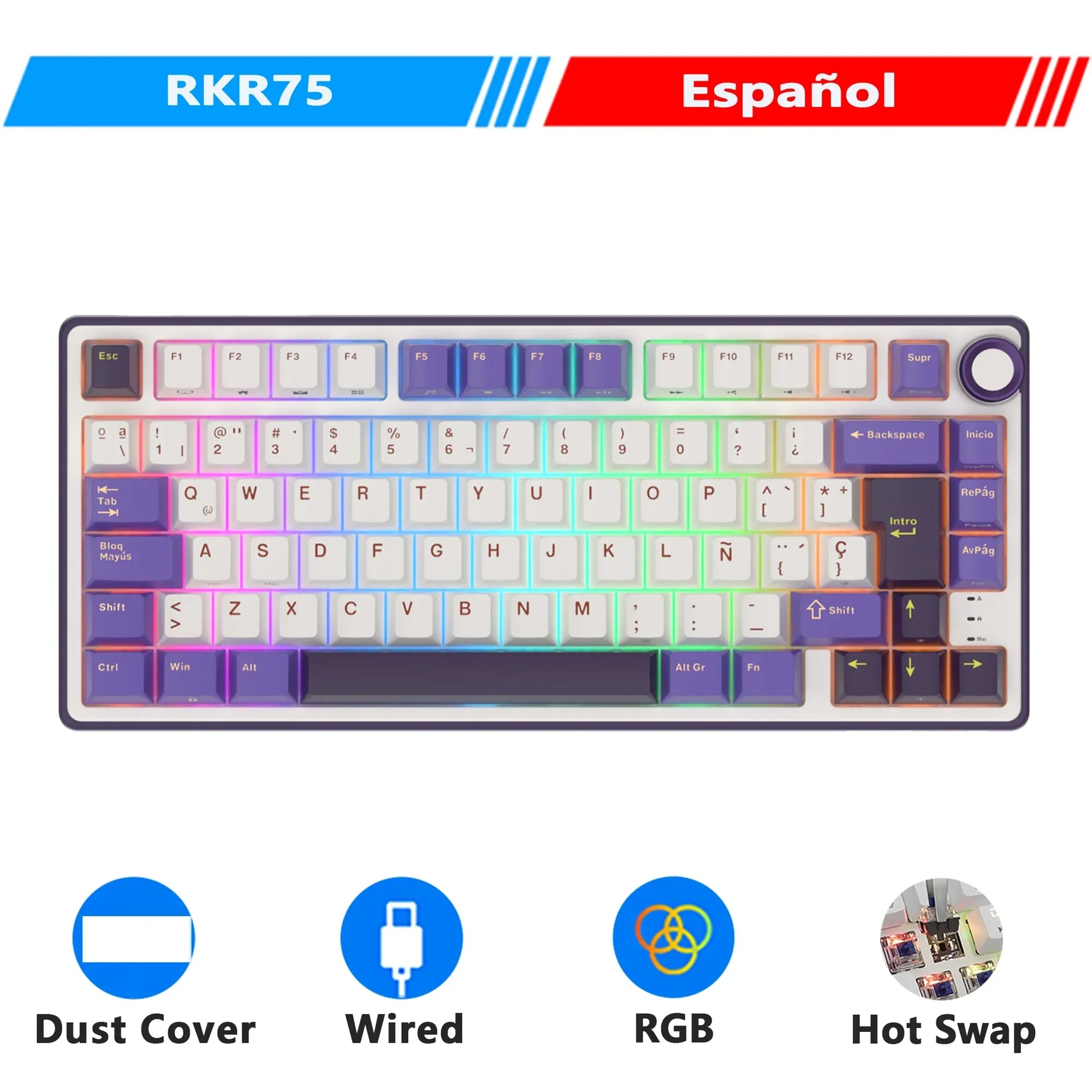 Mechanical Keyboard R75 Gasket 80Key RGB Hot Swap Spanish Spanish Blackberry - Tophatter Daily Deals