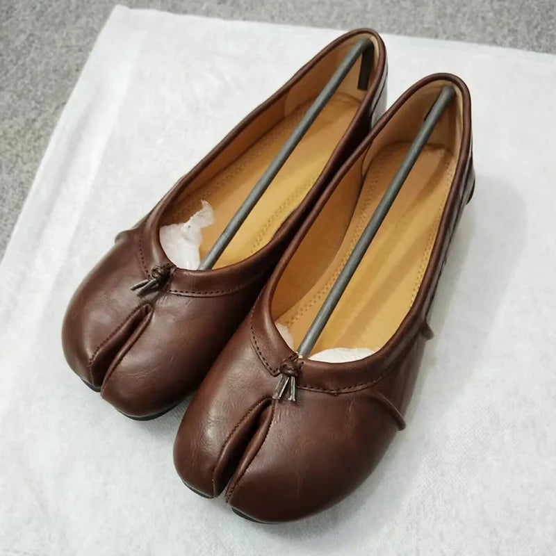 Soft Women Tabi Ballet Flats - Split Toe, Leather, Casual Brown - Tophatter Daily Deals