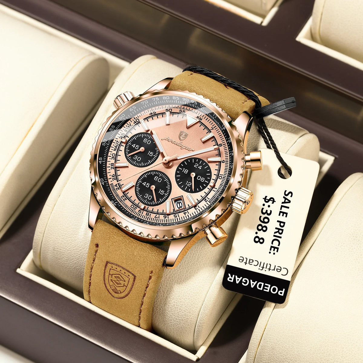 Quartz Chronograph Watch Waterproof Luminous Date Leather 960RoseGold Gold L - Tophatter Daily Deals