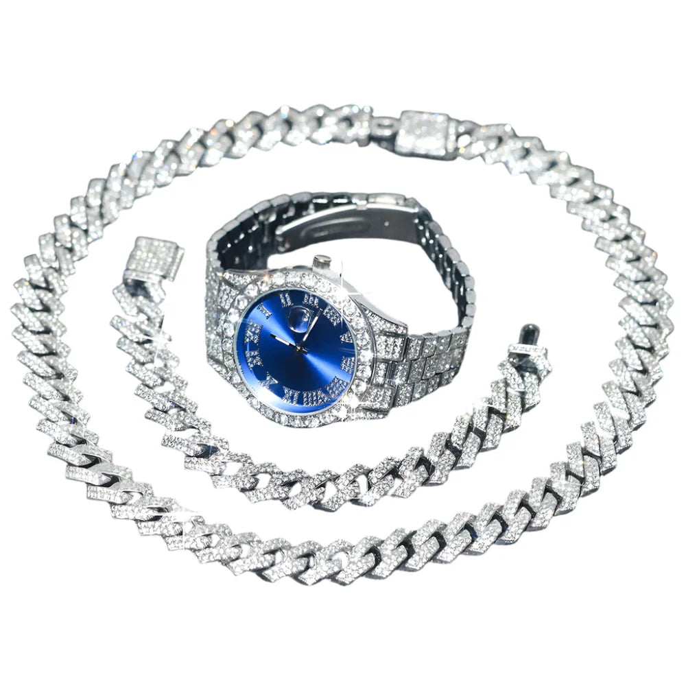 3pcs Mens Silver Watch Cuban Chain Bracelet Set (Blue) Apparel & Accessories > Jewelry > Jewelry Sets - Tophatter Daily Deals
