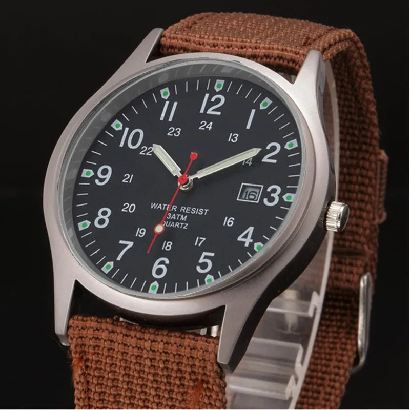 Quartz Field Watch Nylon Strap Military Style Date Luminous Coffee black - Tophatter Daily Deals
