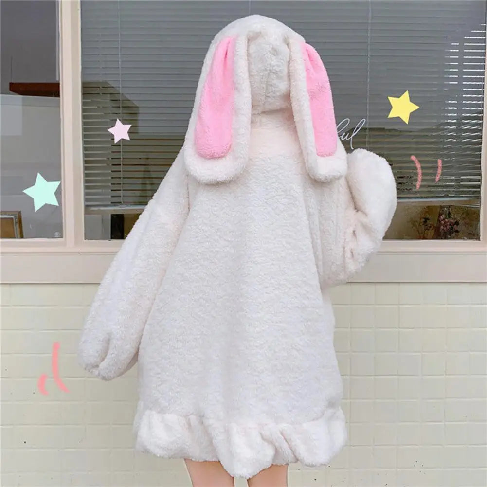 Hoodie Winter Bunny Ears White Black Pink Sweatshirt Long Sleeve Zip Up Hoodies Animals - Tophatter Daily Deals