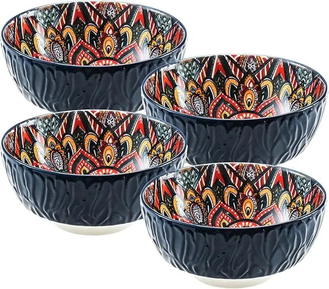 Bohemian Ceramic Bowls Set Floral Serving Bowls Versatile count 4 blue 6.5 inch - Tophatter Daily Deals