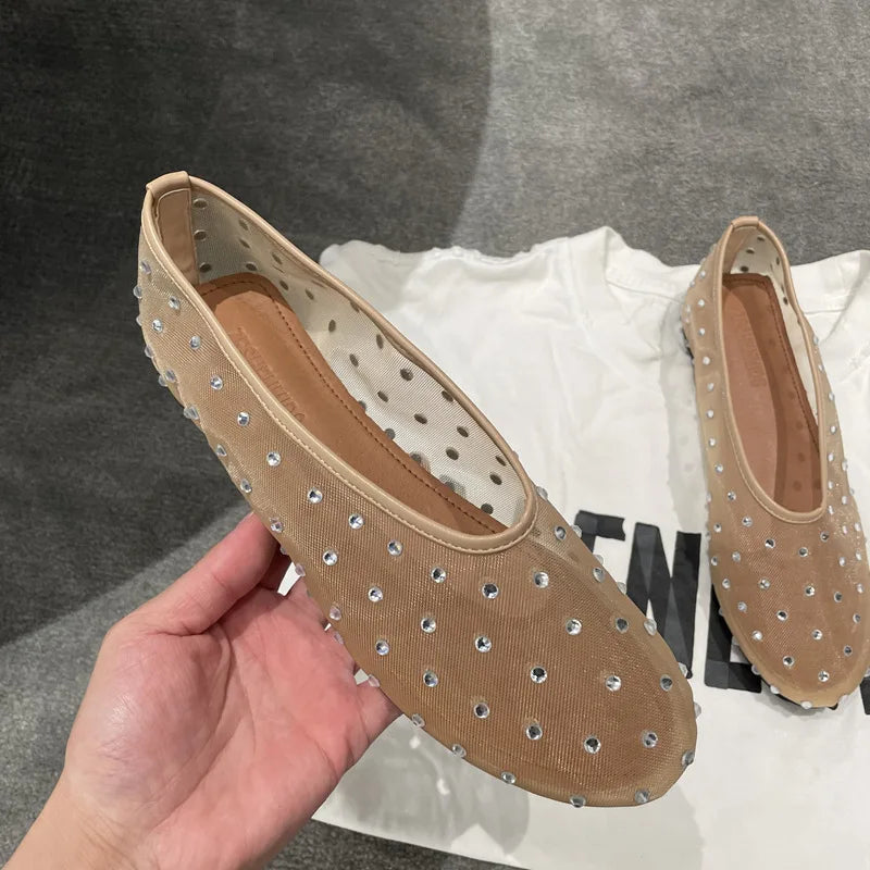 Breathable Women Ballet Flats - Mesh Crystal, Casual Walking Apricot - Tophatter Daily Deals