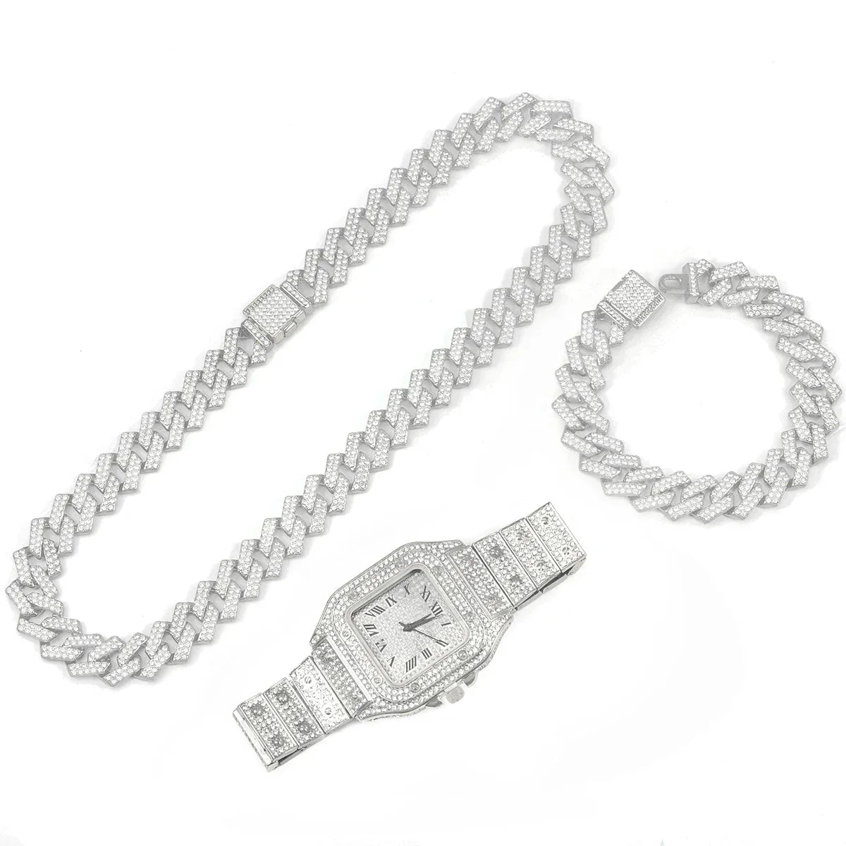 3pcs Men's Watch Set Square Watch Cuban Chain Bracelet (Silver) Apparel & Accessories > Jewelry > Jewelry Sets - Tophatter Daily Deals