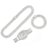 3pcs Men's Watch Set Square Watch Cuban Chain Bracelet (Silver) Apparel & Accessories > Jewelry > Jewelry Sets - Tophatter Daily Deals