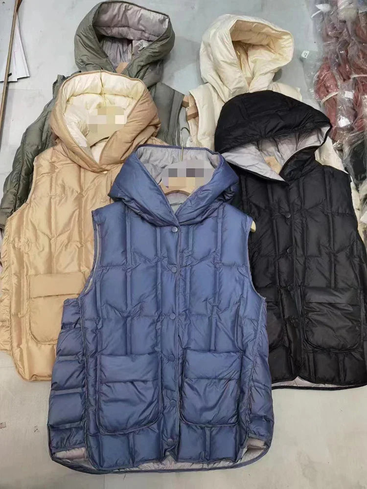Lightweight Women Hooded Down Vest - Boxy, Down, Autumn - Tophatter Daily Deals