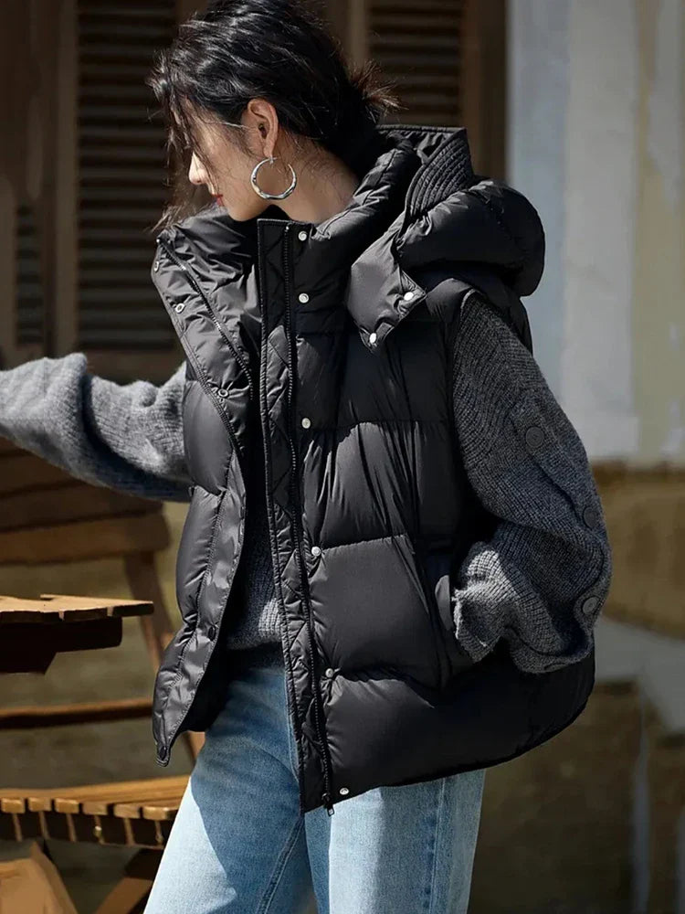 Insulating Women’s Hooded Puff Vest - Hip-Length, Down - Tophatter Daily Deals