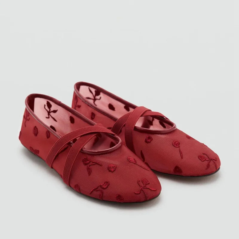 Lightweight Women Ballet Flats - Mary Jane, Embroidered Mesh Red - Tophatter Daily Deals