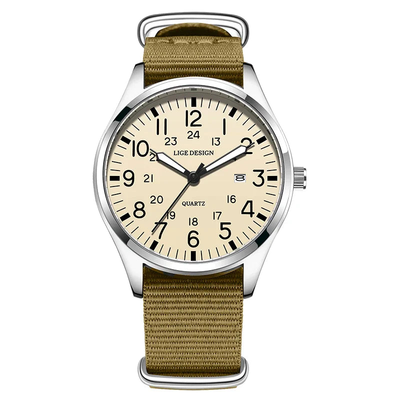 Quartz Watch Beige Dial Nylon Strap Waterproof Luminous Brown white - Tophatter Daily Deals