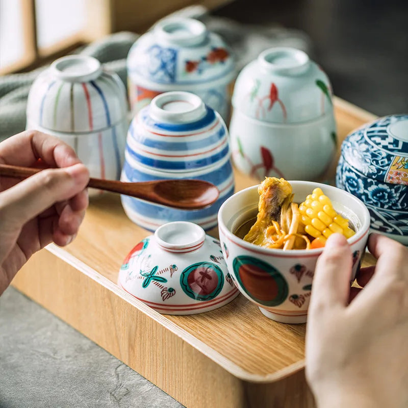Hand Painted Japanese Ceramic Lidded Dessert Bowls Set - Tophatter Daily Deals