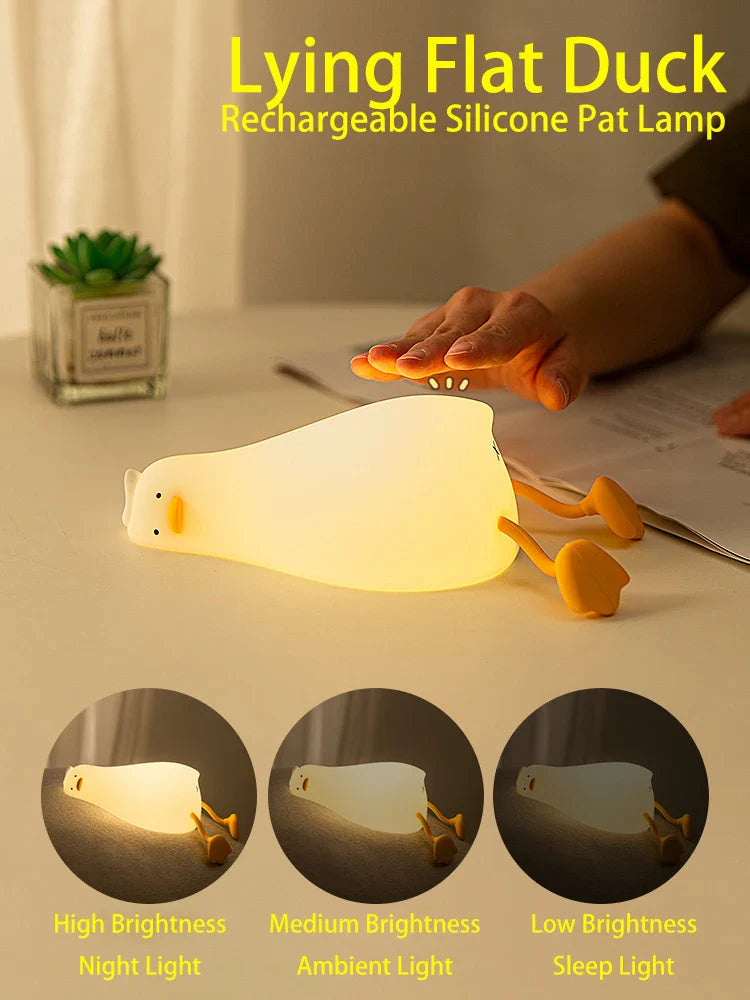 Duck Rechargeable LED Night Light Pat Silicone Lamp Bedside Nightlight Lying Flat Duck Animals - Tophatter Daily Deals