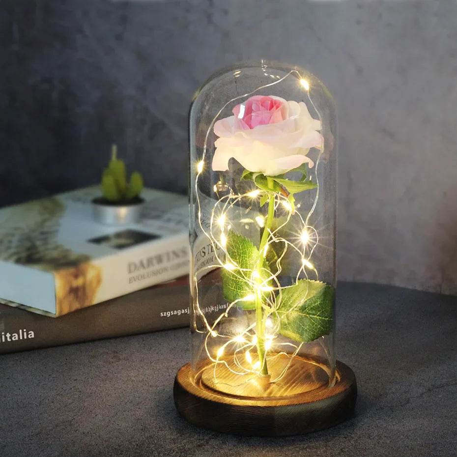 Beauty & The Beast Eternal Red Rose In Glass Dome with LED Lights Baby Pink Flowers - Tophatter Daily Deals