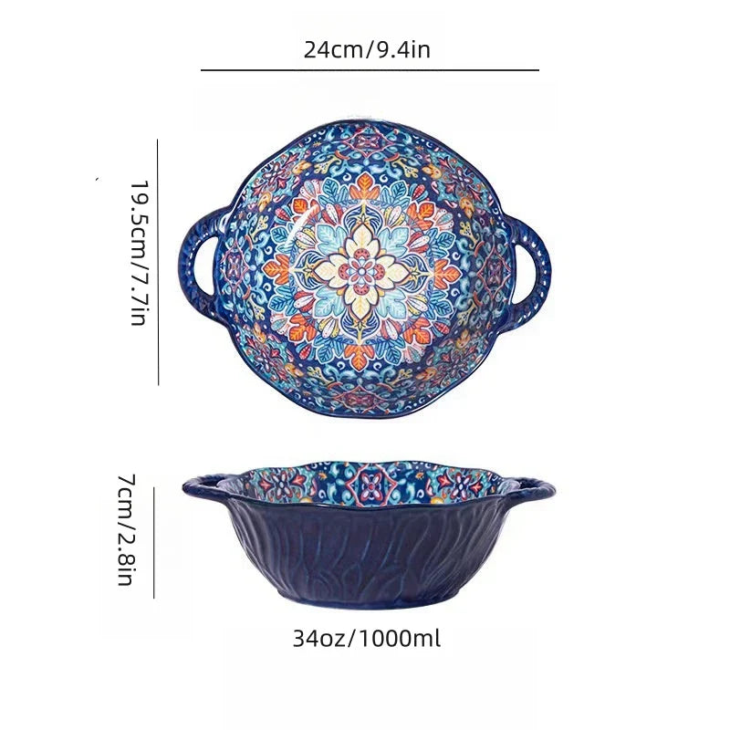 Ceramic Soup Bowl Bohemian Handle Embossed Microwave blue amphora bowl 7.5 inch - Tophatter Daily Deals
