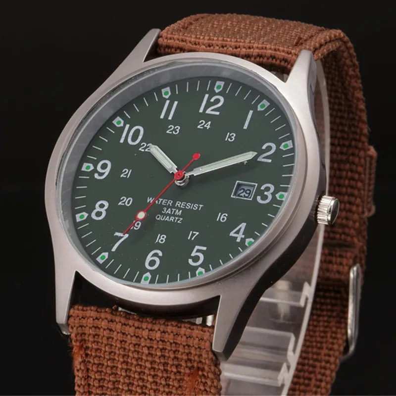 Quartz Field Watch Nylon Strap Military Style Date Luminous Coffee green - Tophatter Daily Deals