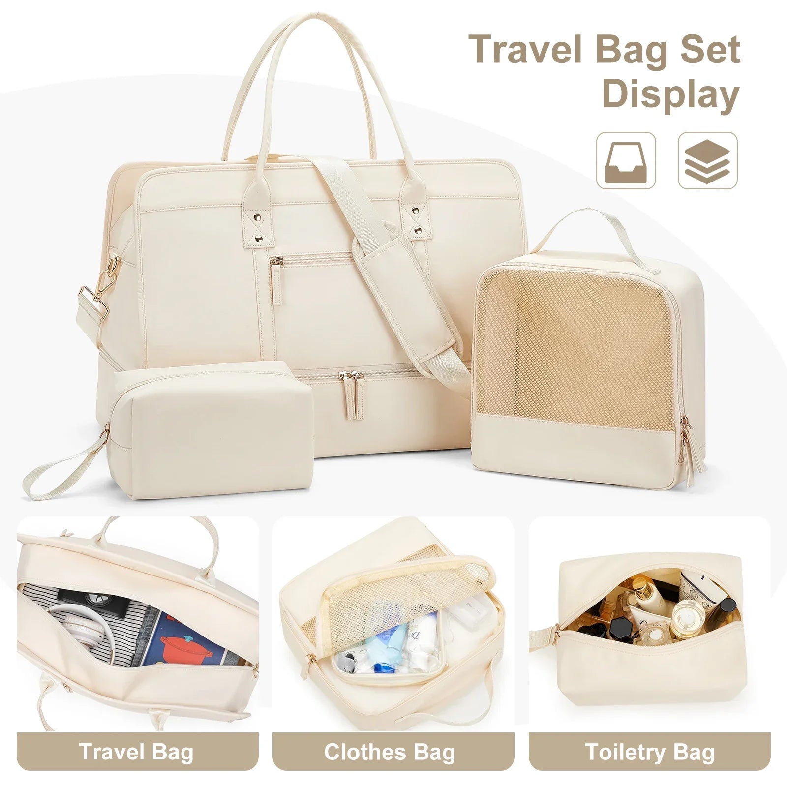 Luggage Travel Bag with Clothes and Toiletry Bag (Beige) Luggage & Bags > Duffel Bags - Tophatter Daily Deals