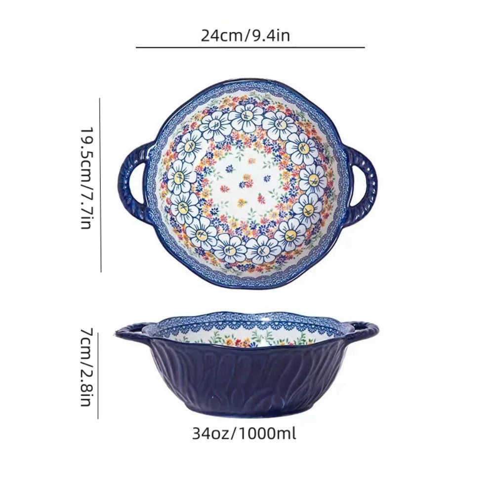 Ceramic Soup Bowl Bohemian Handle Embossed Microwave 9.4in bowl ZS 7.5 inch - Tophatter Daily Deals