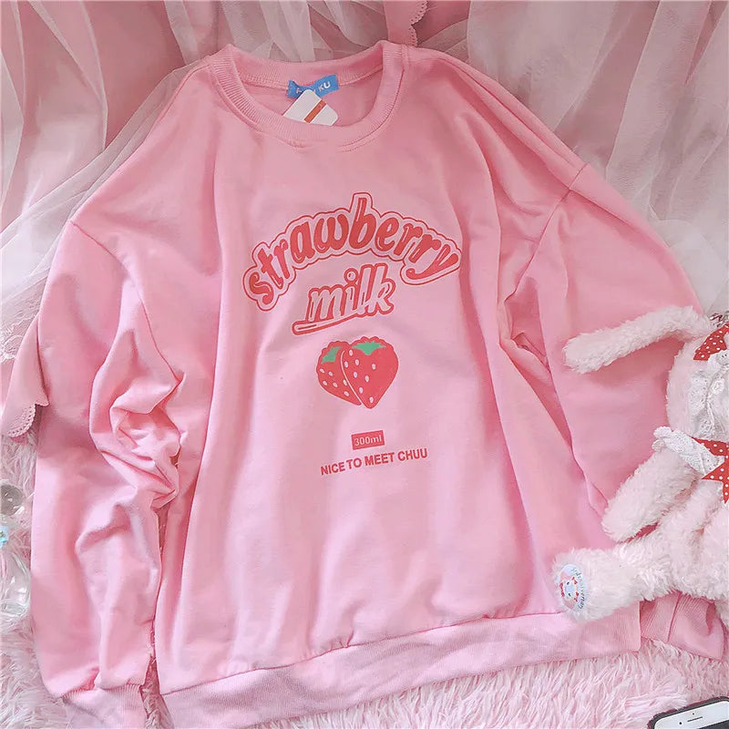 Harajuku Strawberry Milk Pink Sweatshirt Top Long-Sleeved Food - Tophatter Daily Deals