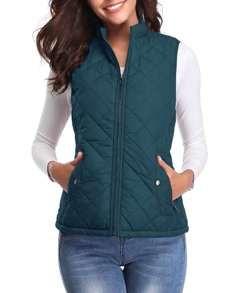 Lightweight Women Quilted Vest - Stand Collar Cotton Winter Sea Blue - Tophatter Daily Deals