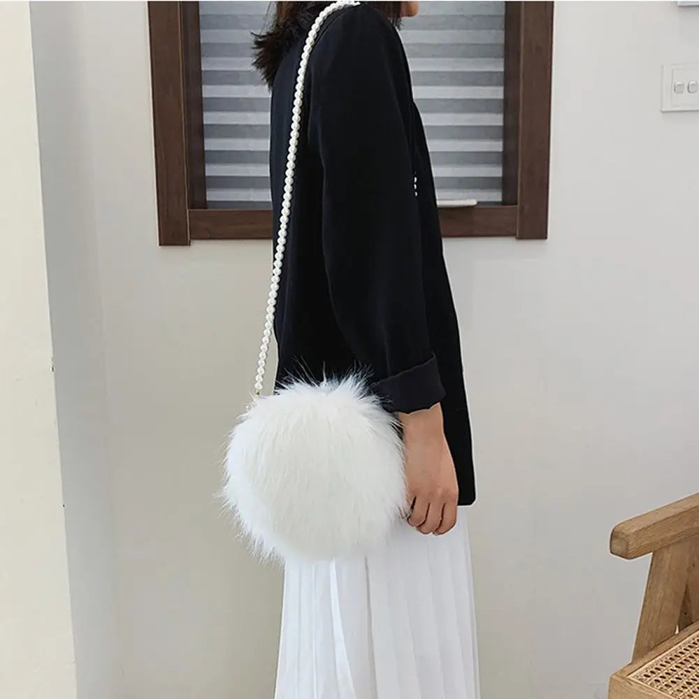 Faux Fur Fluffy White Bag Crossbody Handbag Pearl Strap White Mythical - Tophatter Daily Deals