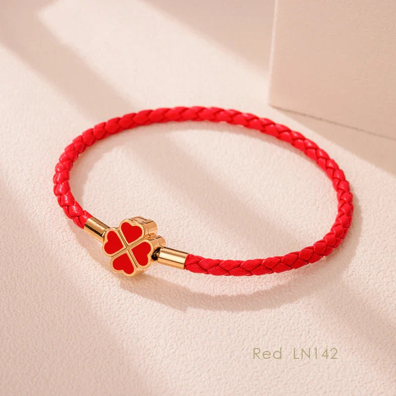 Four Leaf Clover Braided Leather Lucky Bracelet Gift Red CHINA - Tophatter Daily Deals