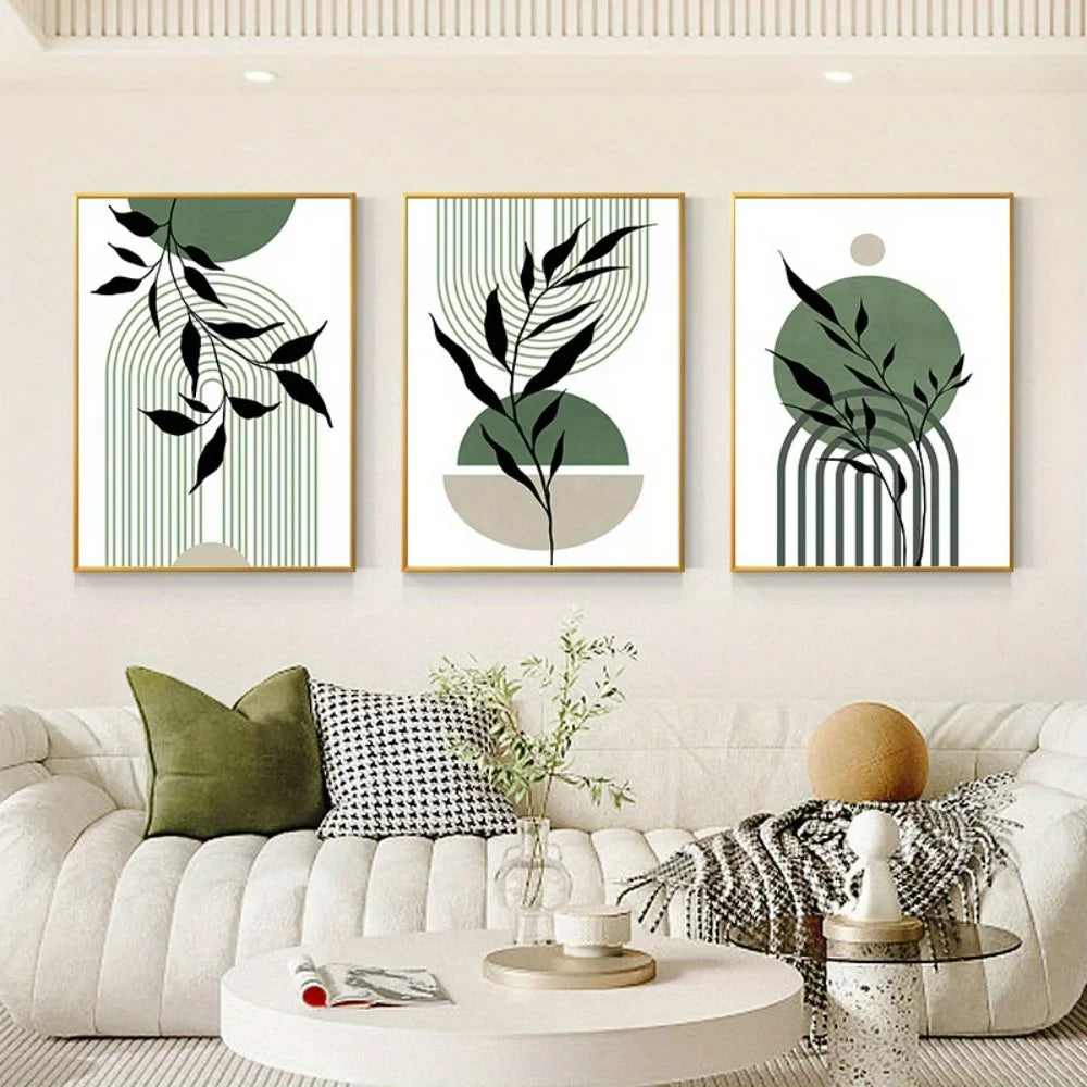 Sage Green Boho Wall Art Set 3Pc Mid Century Prints 3pcs - Tophatter Daily Deals