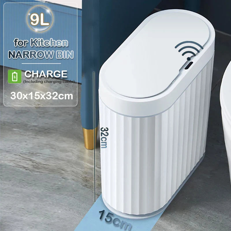 Automatic Sensor Trash Can Narrow Roman Stripe Bathroom Bin 9L Grey charge - Tophatter Daily Deals