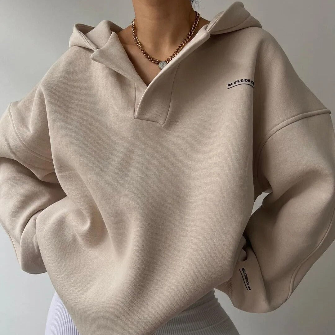 Oversized Cozy Women's Hoodie - Boxy V Notch, Fleece Beige - Tophatter Daily Deals