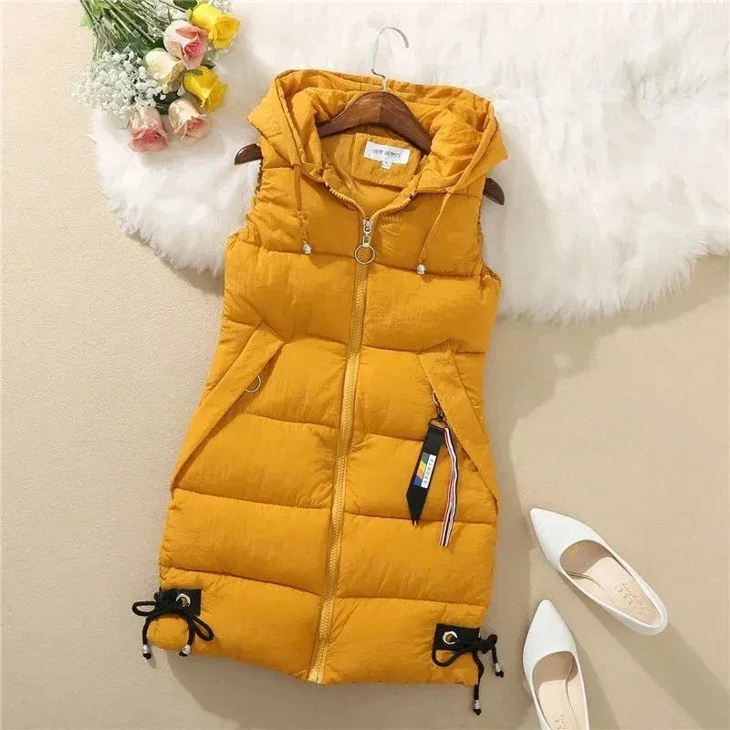 Warm Cozy Women’s Puffer Vest – Long Quilted, Cotton Shell Yellow - Tophatter Daily Deals