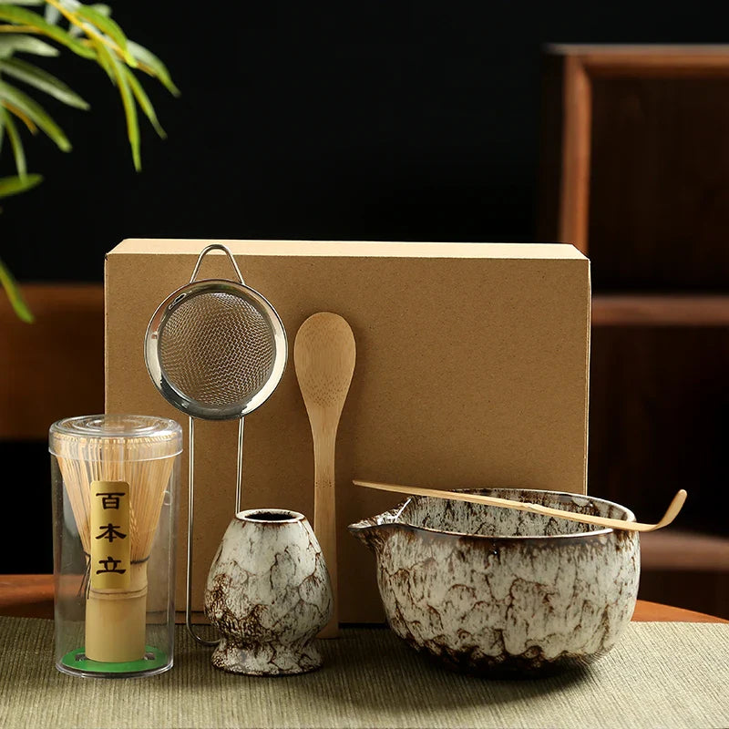 Matcha Tea Set Ceramic Bowls With Bamboo Whisk 6 Piece White 6pcs - Tophatter Daily Deals