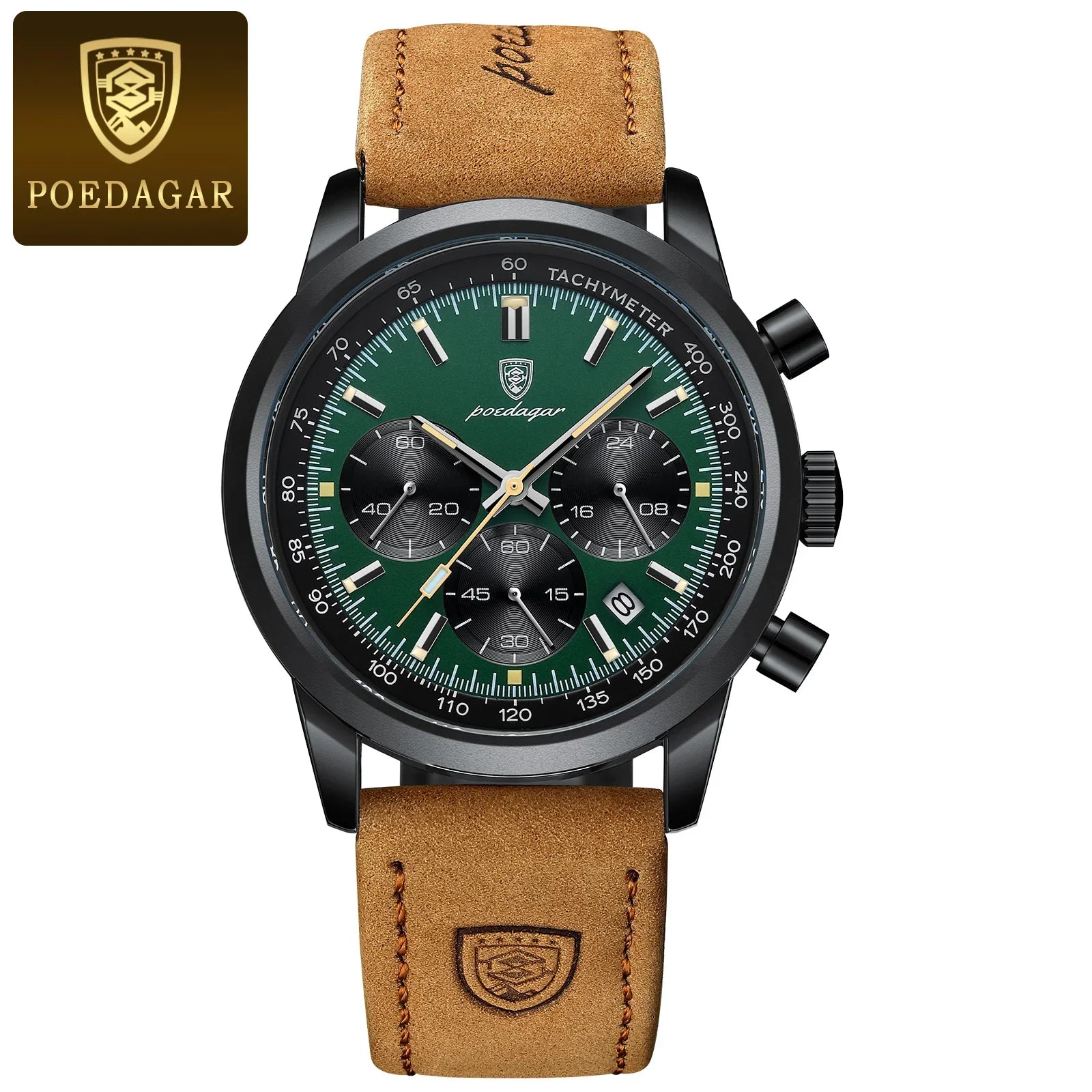 Quartz Watch Leather Chronograph Military Style 2025 921 Black Green - Tophatter Daily Deals