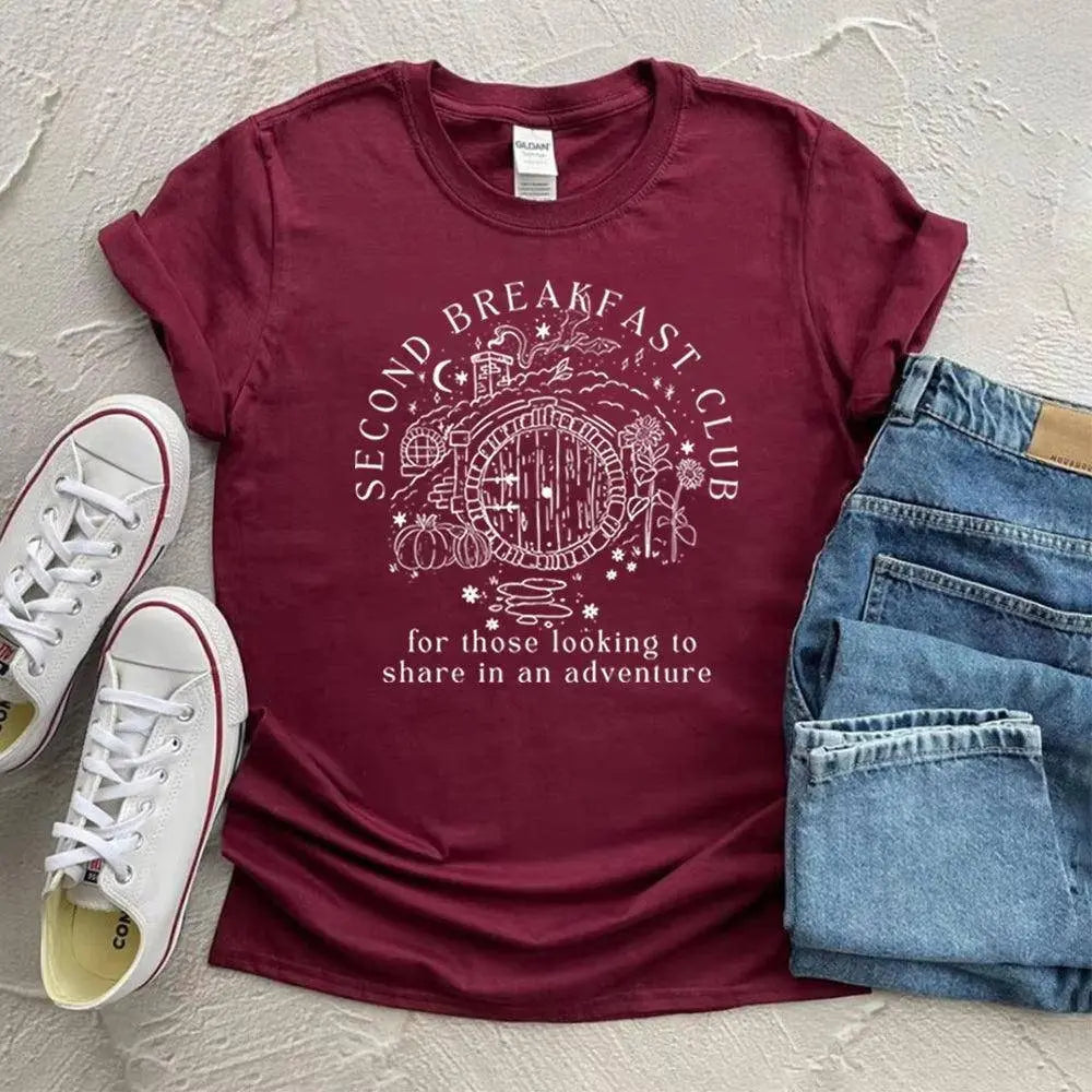 Second Breakfast Club Shirt LOTR the Shire T-Shirt Literature Bookworm Tees Vintage Aesthetic Clothes Middle Earth Tshirt Tops Wine Red - Tophatter Daily Deals