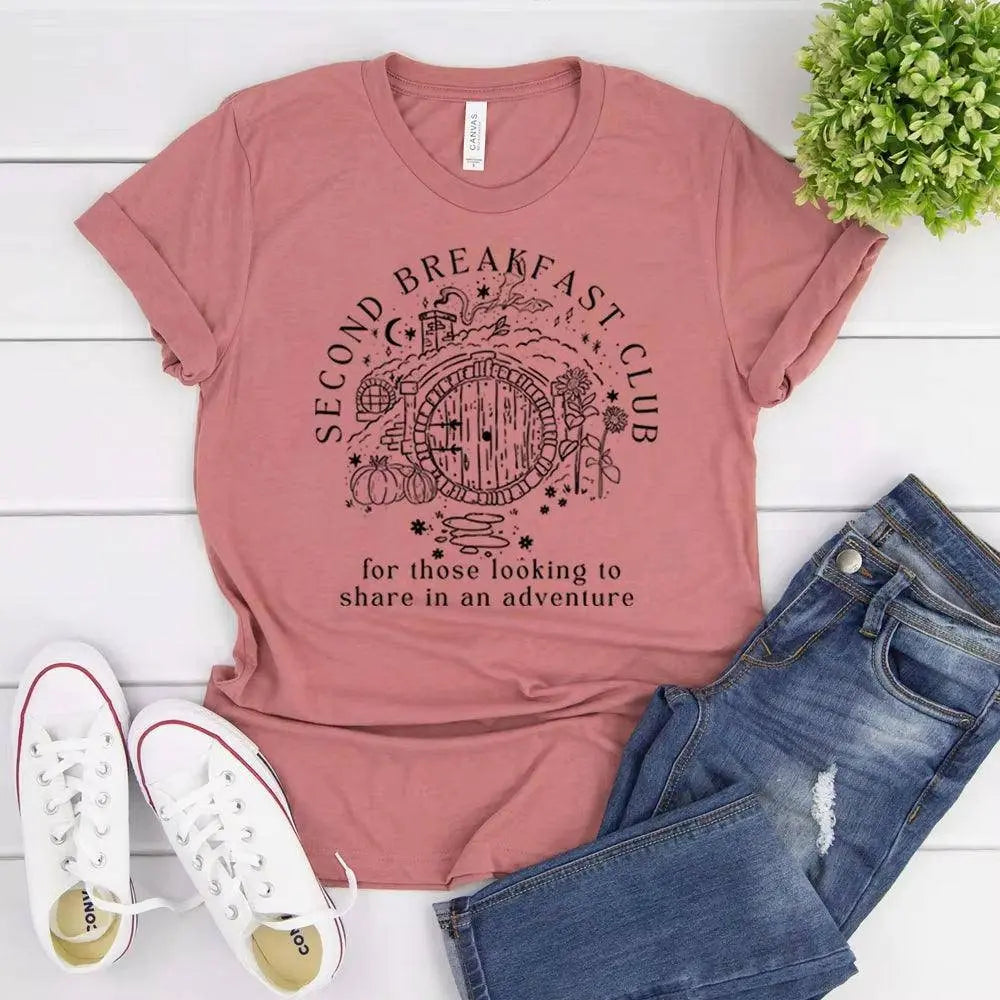 Second Breakfast Club Shirt LOTR the Shire T-Shirt Literature Bookworm Tees Vintage Aesthetic Clothes Middle Earth Tshirt Tops Heather Mauve - Tophatter Daily Deals