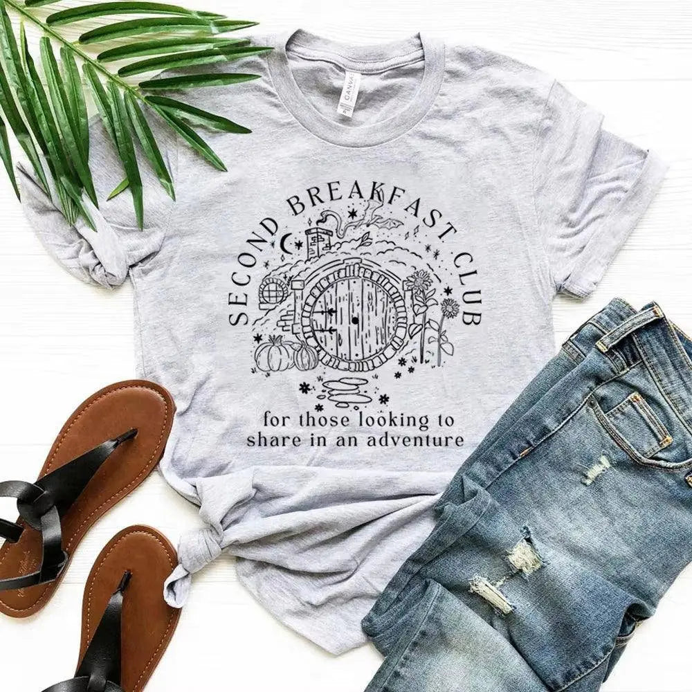 Second Breakfast Club Shirt LOTR the Shire T-Shirt Literature Bookworm Tees Vintage Aesthetic Clothes Middle Earth Tshirt Tops Gray - Tophatter Daily Deals