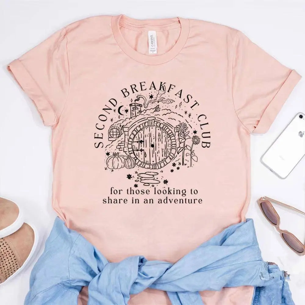 Second Breakfast Club Shirt LOTR the Shire T-Shirt Literature Bookworm Tees Vintage Aesthetic Clothes Middle Earth Tshirt Tops Pink - Tophatter Daily Deals