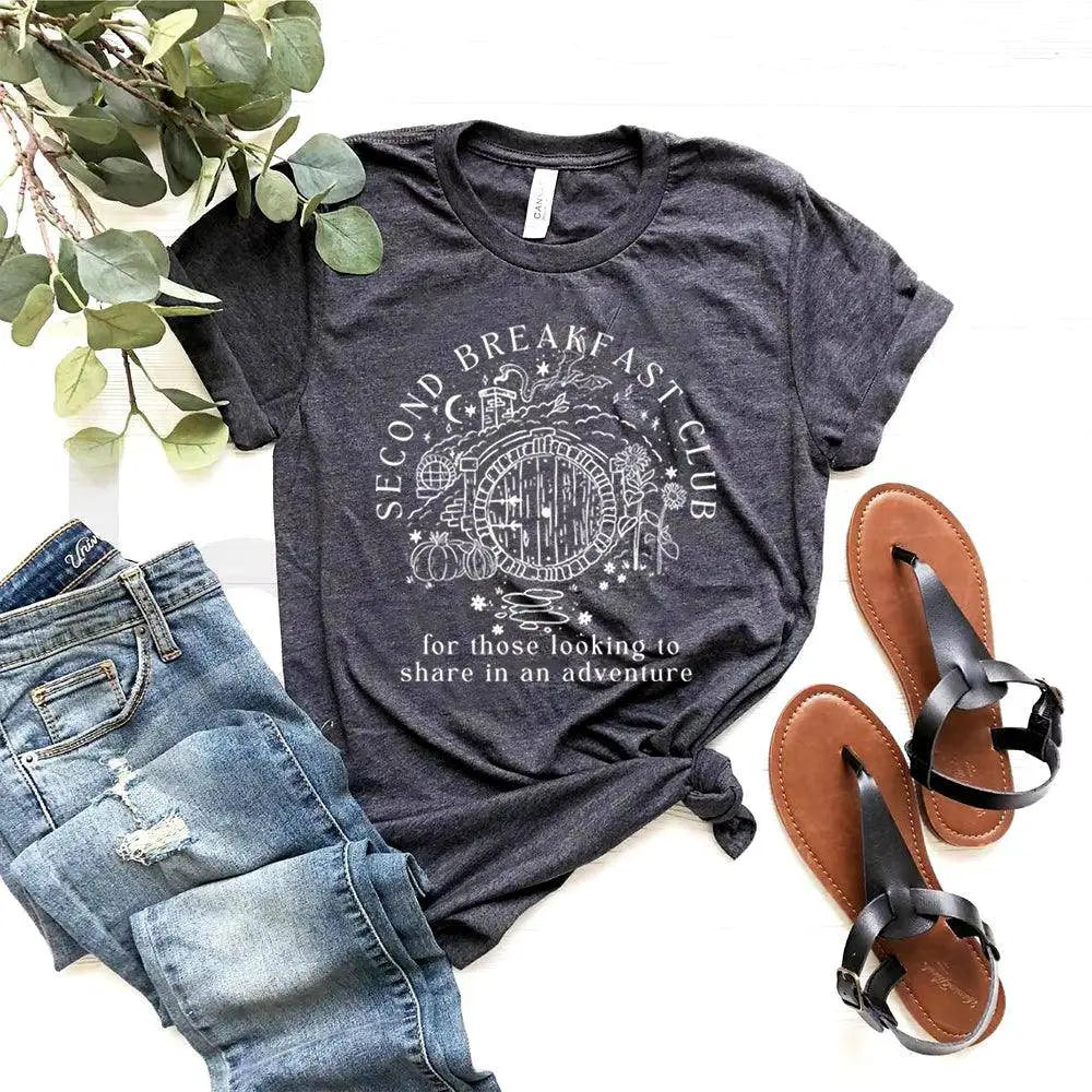 Second Breakfast Club Shirt LOTR the Shire T-Shirt Literature Bookworm Tees Vintage Aesthetic Clothes Middle Earth Tshirt Tops Dark Gray - Tophatter Daily Deals
