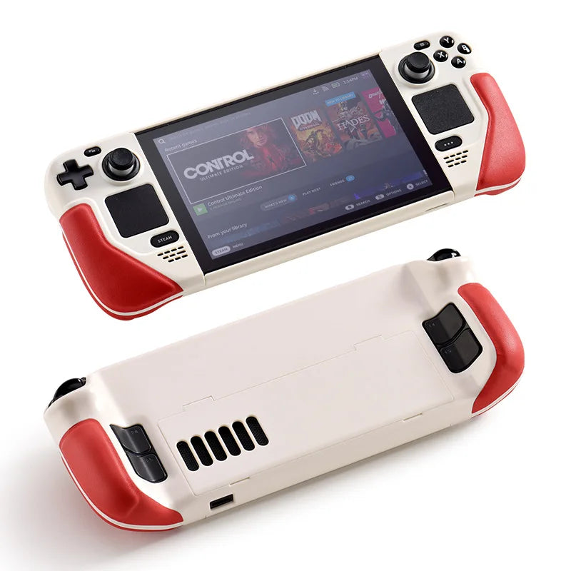 Steam Deck Case Cowhide Wrap Leather Grip Hard Shell Stand White red - Tophatter Daily Deals