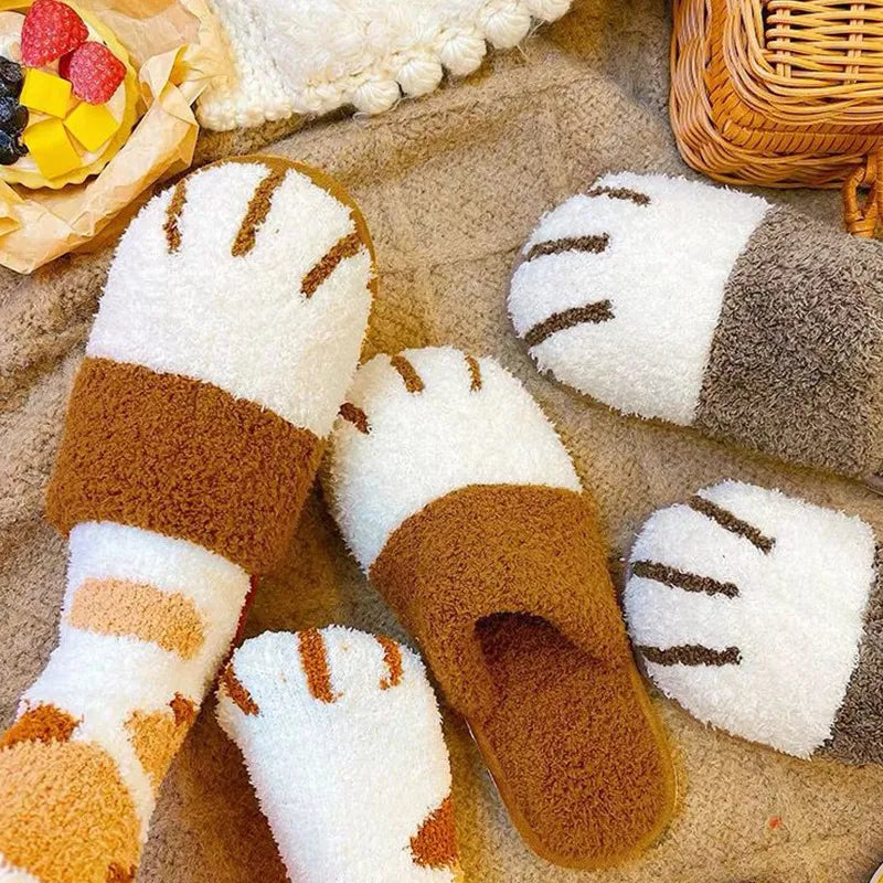 Winter Warm Plush Slippers Cute Cat Paw House Fur Slides Fluffy Shoes Animals - Tophatter Daily Deals