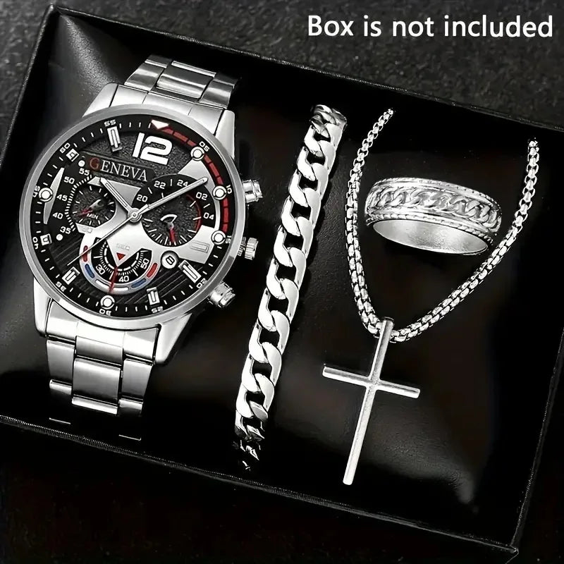 4PCS Men's Stainless Steel Quartz Watch Set (W118-C) Apparel & Accessories > Jewelry > Watches - Tophatter Daily Deals