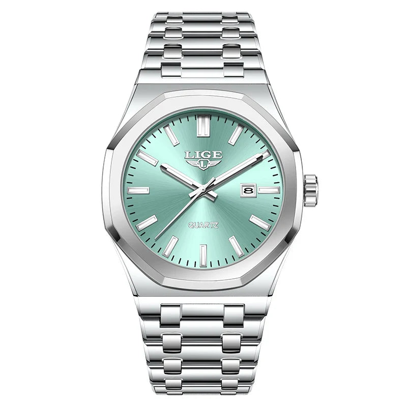 Quartz Watch Stainless Steel Waterproof Luminous Wristwatch Silver cyan - Tophatter Daily Deals