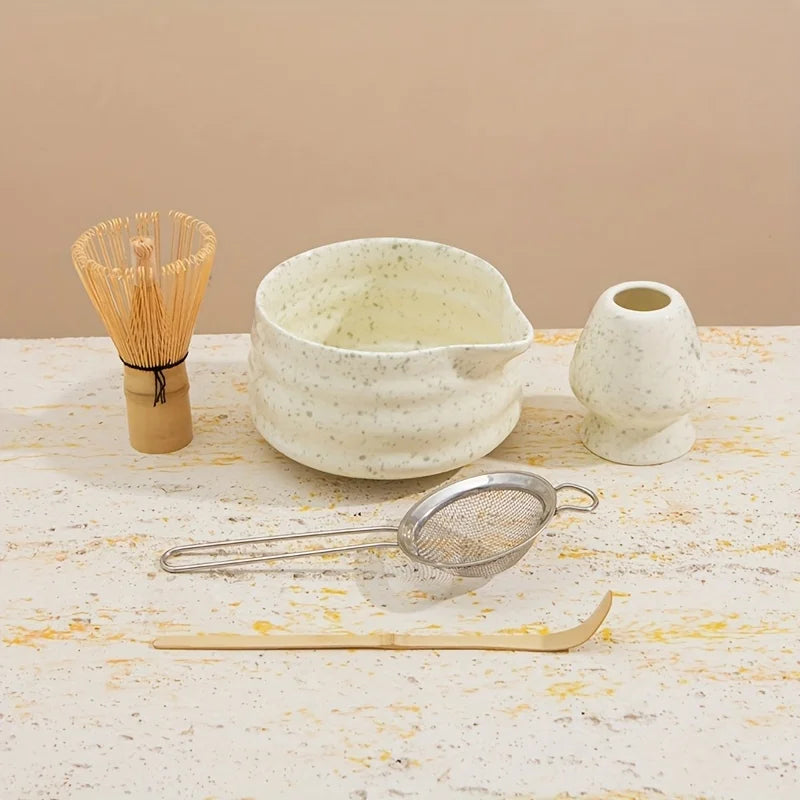 Matcha Set Spotted Green Ceramic 5Pc Japanese Tea Gift Green ink dot - Tophatter Daily Deals