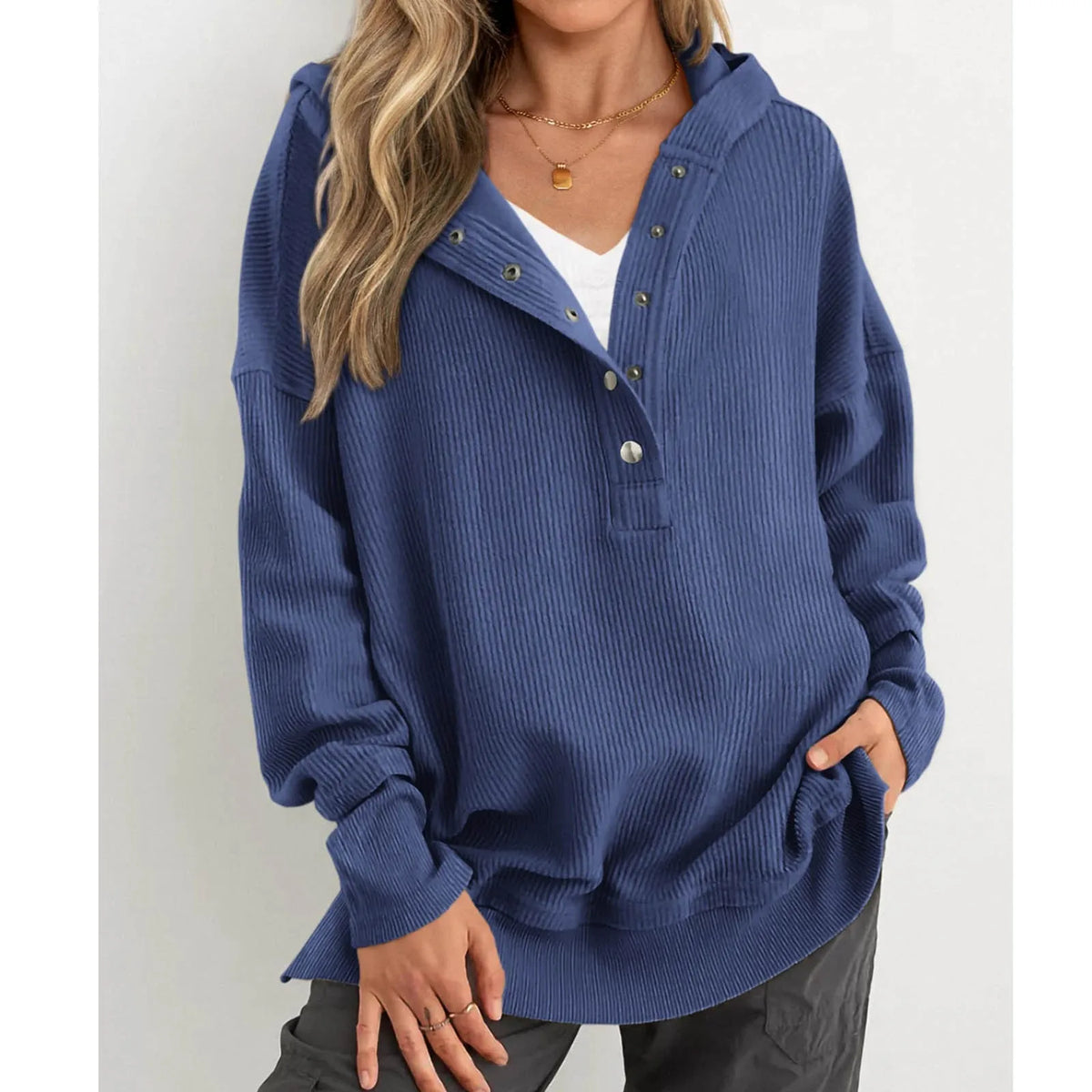 Oversized Women Pullover Hoodie - Snap V-Neck, Ribbed - Tophatter Daily Deals