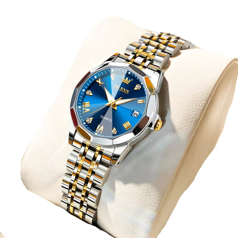 Womens Stainless Steel Quartz Watch Waterproof (Gold Blue) Apparel & Accessories > Jewelry > Watches - Tophatter Daily Deals
